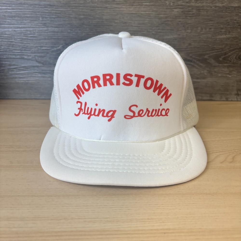 Vintage Morristown Flying Service Hat Cap Snapback White Red Trucker Adjustable